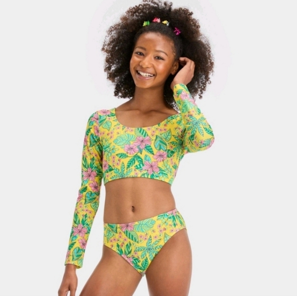 Girls' Tropics Utopia Floral Printed Rash Guard Top Only - Art Class L(10/12)